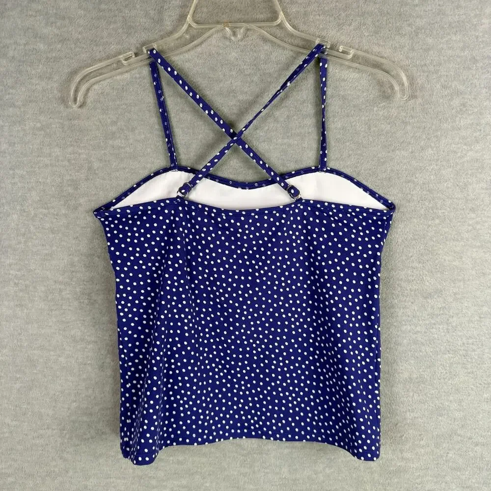 Lands End Kids Girls 12+ Tankini Swim Top Blue White Polka Dots Crossed Straps